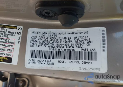 2007 Toyota Corolla Le из США, поврежденный, VIN 1NXBR32E77Z849985